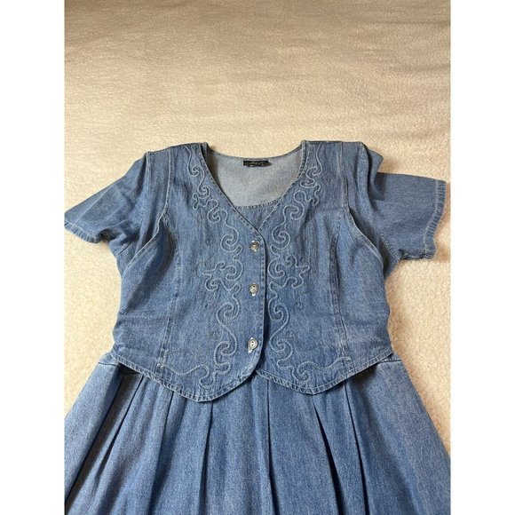 Vintage Farmhouse Cottage Core Modest Denim Maxi Dress Embroidered Vest LARGE - Picture 2 of 8